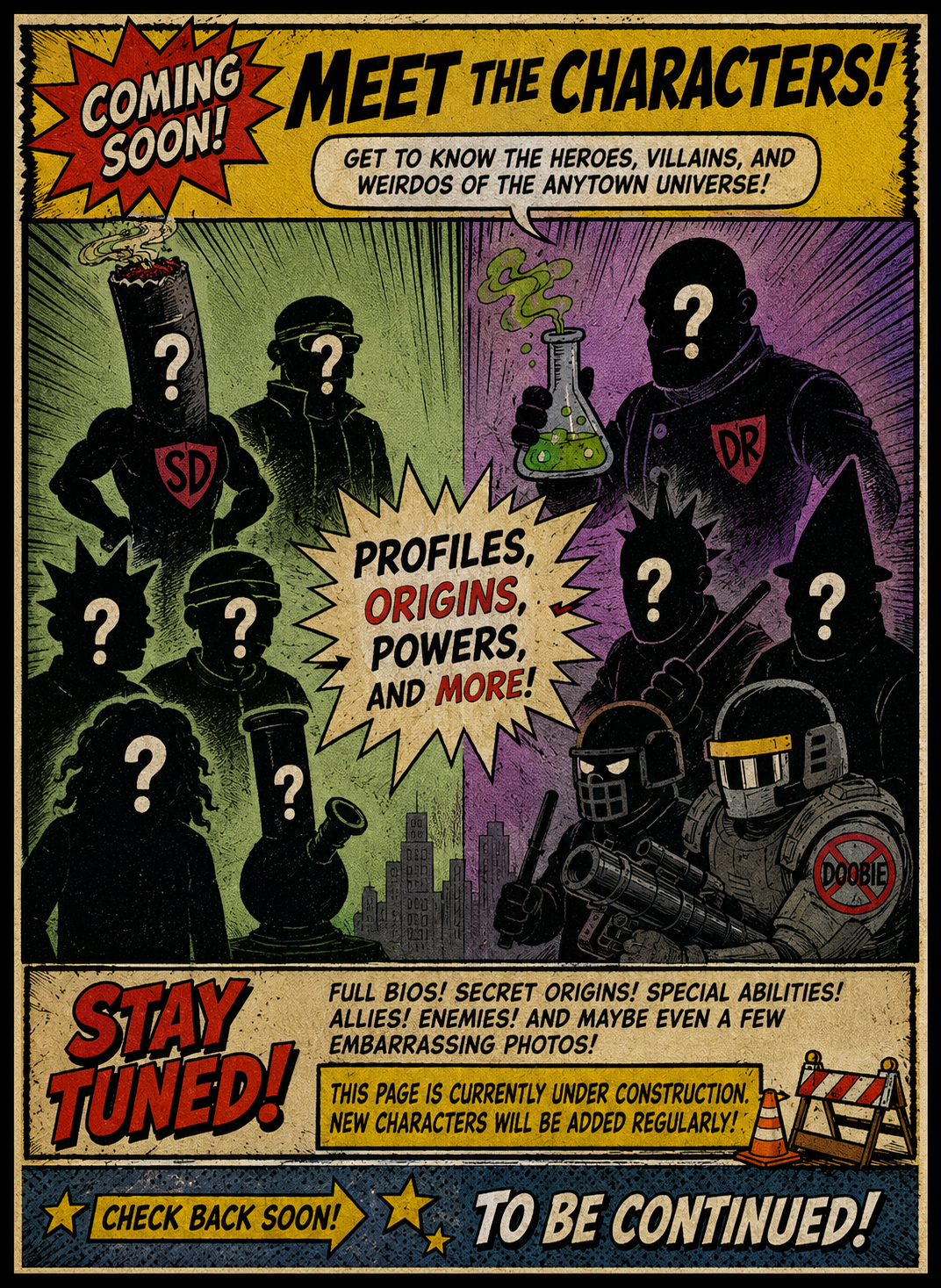 Meet the Characters coming-soon poster with silhouettes of Super Doobie heroes, villains, and weirdos, teasing profiles, origins, powers, allies, and enemies.