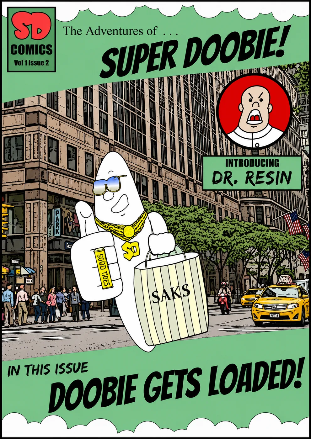 Super Doobie Issue 2 cover showing Super Doobie carrying a shopping bag while Dr. Resin looks on.