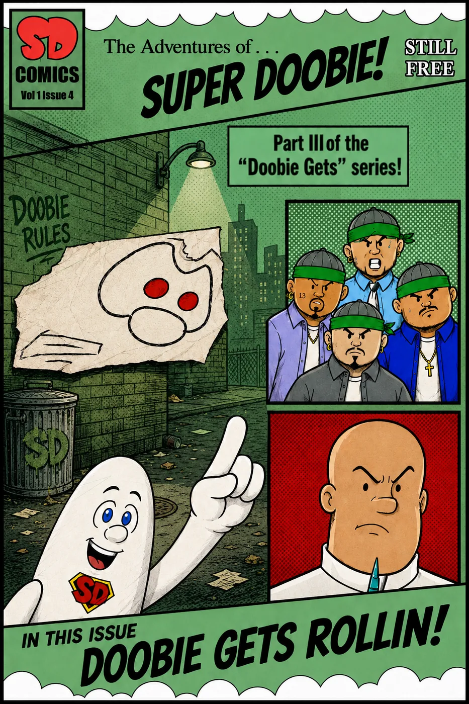 Super Doobie Issue 4 cover showing Super Doobie and his new friends confronting Dr. Resin.