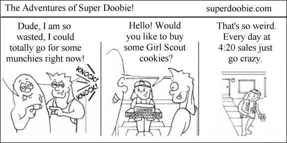 Two stoned friends answer a knock while craving munchies and find a Girl Scout selling stacks of cookies at exactly 4:20.