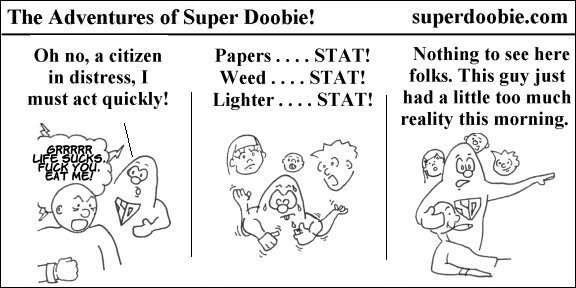 Super Doobie treats a panicked man's hallucination with rolling papers, weed, and a lighter, then tells bystanders he had too much reality.