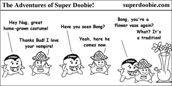 A vampire compliments Nug's costume while Bong arrives disguised as a flower vase and calls it a tradition.