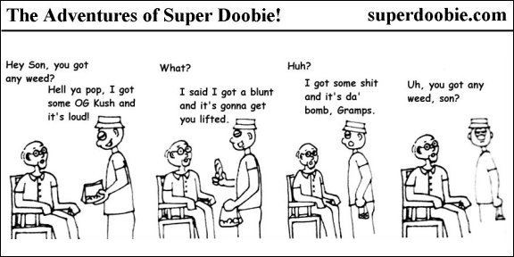 An older man and younger cannabis seller repeatedly misunderstand each other while discussing weed, OG Kush, and a blunt.
