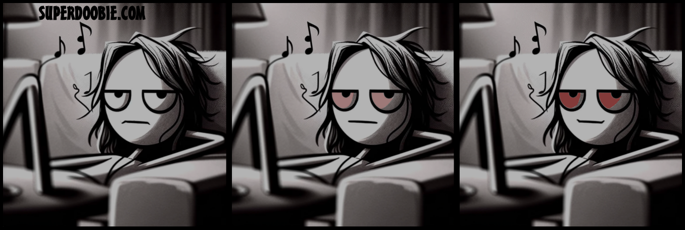 A three-panel close-up shows a bored listener at a computer gradually becoming red-eyed and smiling as music plays.
