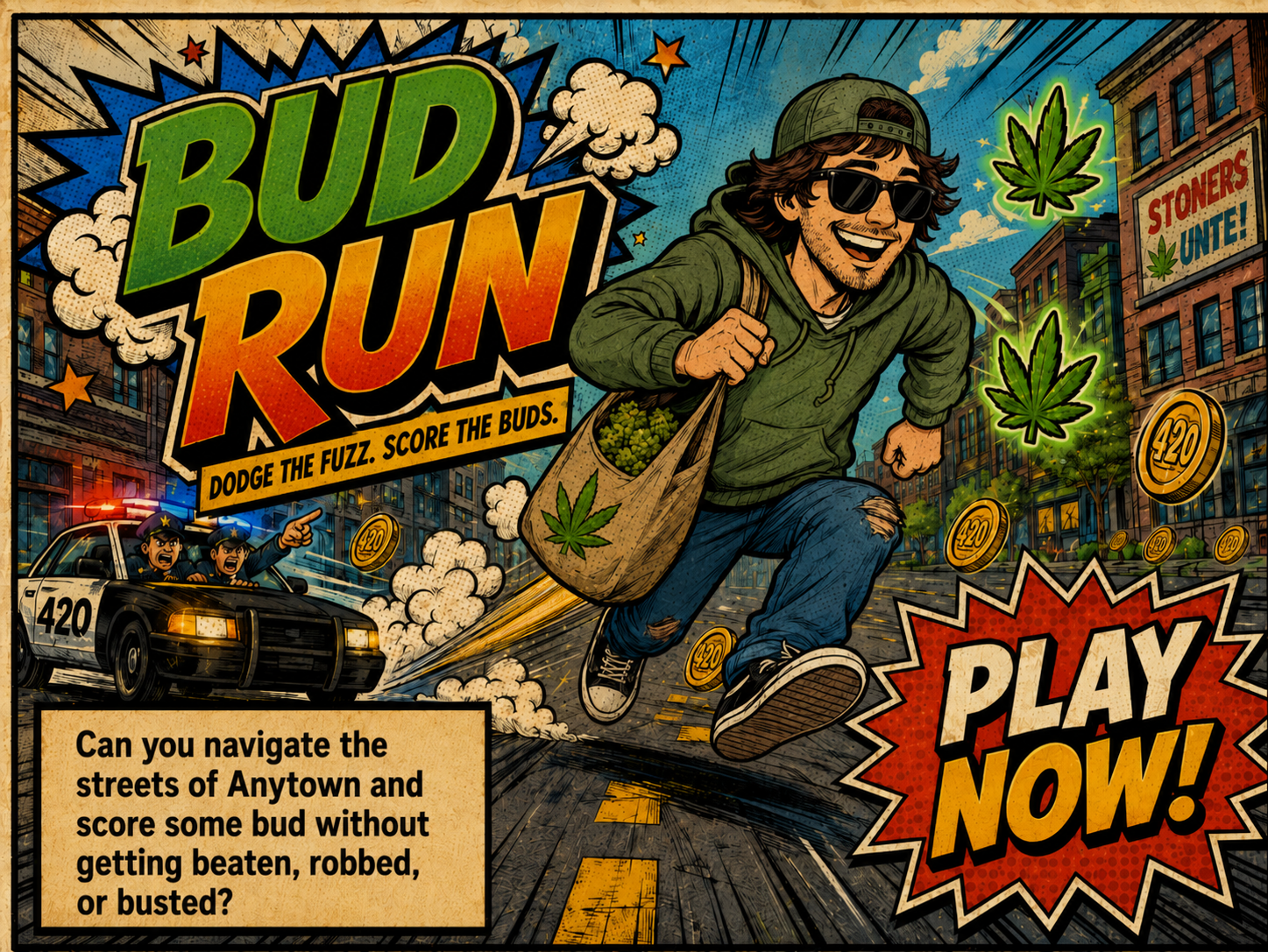 Bud Run game card featuring a runner escaping police while collecting cannabis buds and 420 coins.