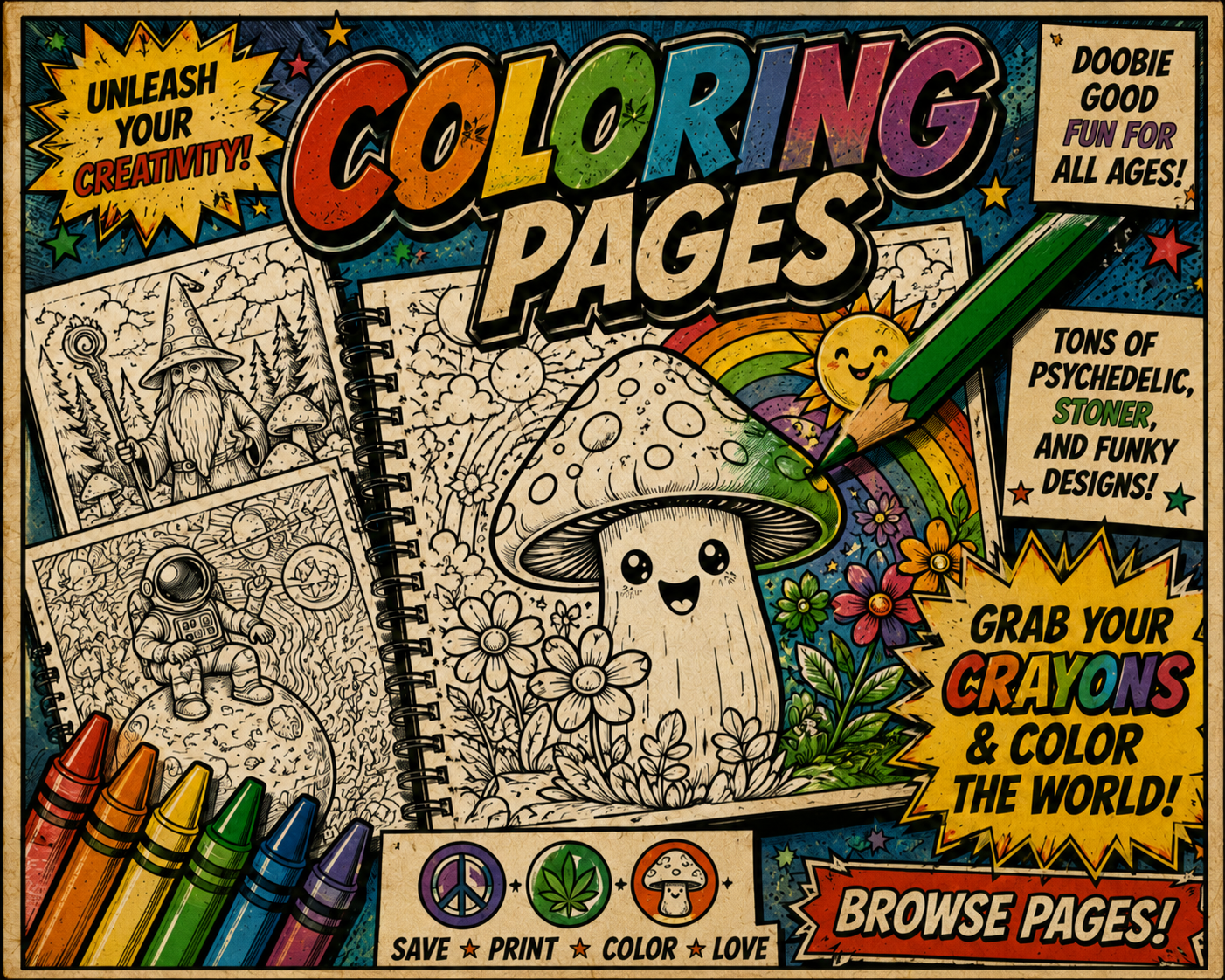 Coloring Pages card featuring a mushroom coloring book, crayons, and psychedelic designs.
