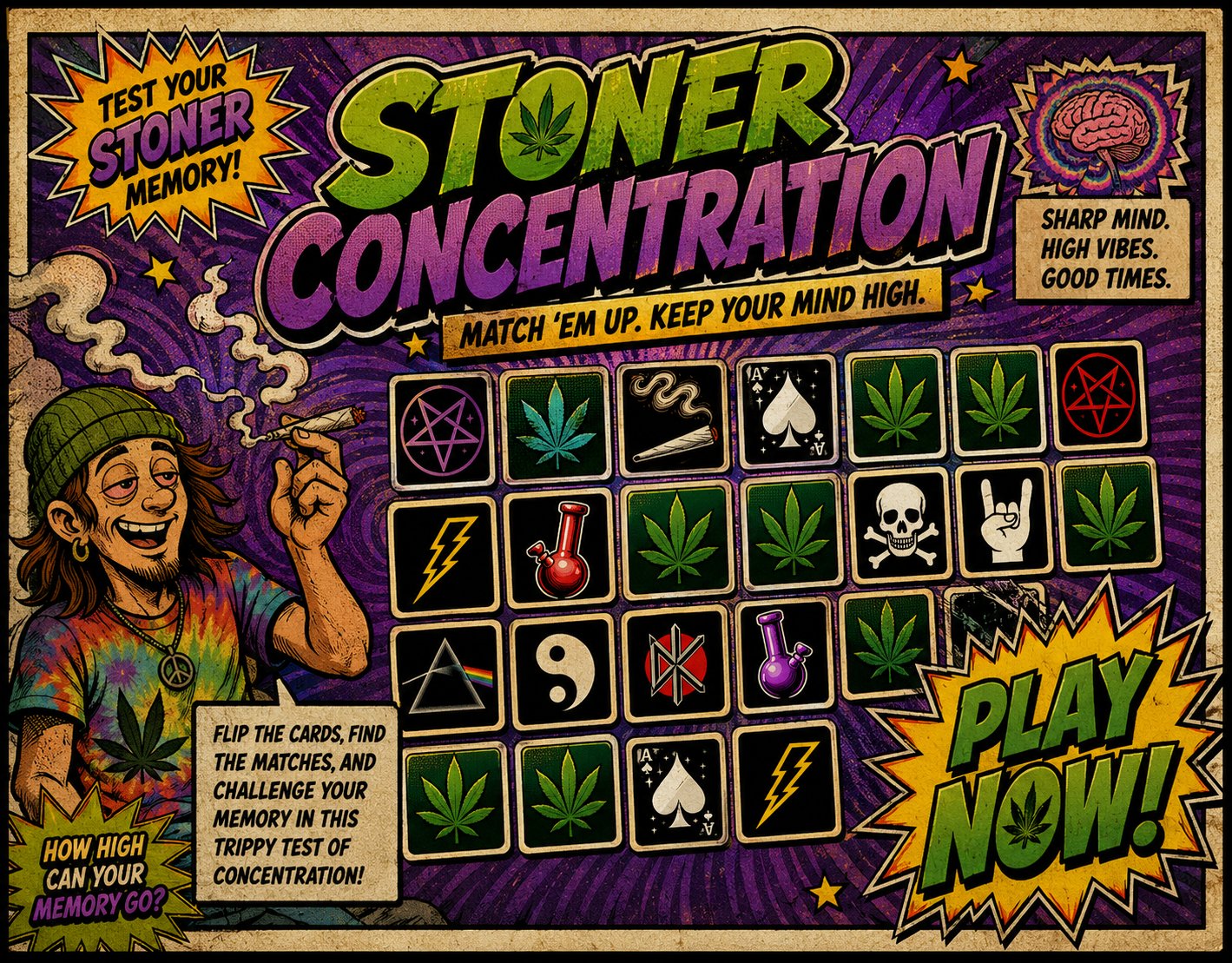 Stoner Concentration memory game card featuring matching cards and psychedelic comic artwork.